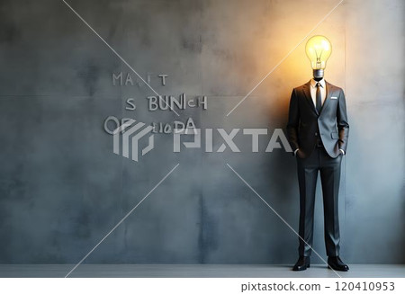 Creative concept of a businessman with a light bulb head symbolizing innovative ideas in a modern office space 120410953