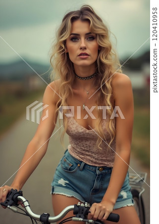 Young woman with long hair riding a bicycle on a rural path during a cloudy afternoon 120410958