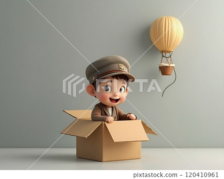 Boy in vintage outfit enjoying adventure while sitting in a cardboard box with hot air balloon nearby 120410961