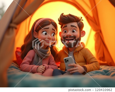 Couple enjoys cozy moments inside a tent while sharing laughter and fun on a smartphone in nature 120410962