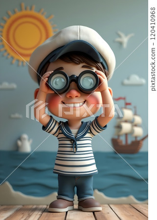 Joyful child in sailor outfit using binoculars by the sea with a ship in the background and a sunny sky 120410968