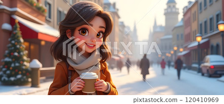 Young girl enjoys warm coffee in a snowy European street during winter season 120410969