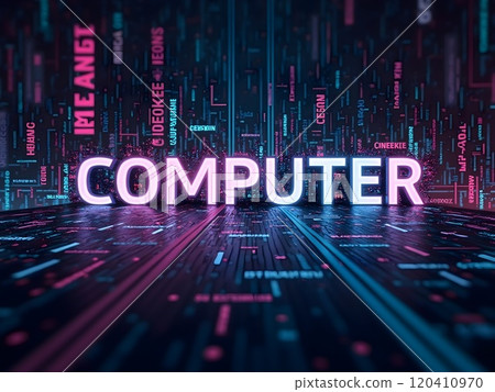 Vibrant digital display showcasing the word computer with colorful data streams in a modern setting 120410970
