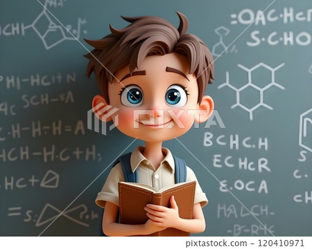 Young boy smiling with a book in hand, standing in front of a chalkboard filled with scientific equations 120410971