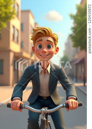 Young boy riding bicycle in urban neighborhood wearing a suit on a sunny day 120410972