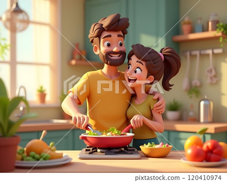 Couple enjoys cooking together in a bright kitchen while preparing a healthy meal with fresh ingredients 120410974