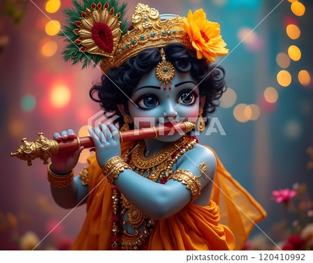 Charming young deity playing the flute in vibrant traditional attire with floral decorations during a festive evening celebration 120410992
