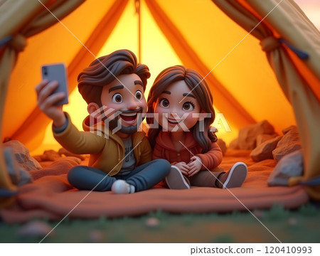 Happy couple takes selfie inside a cozy tent during a camping trip in nature at dusk 120410993