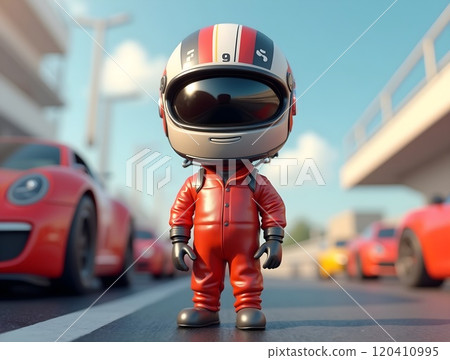 Racing character stands proudly at a motorsport event in bright red suit surrounded by sports cars under clear blue sky 120410995