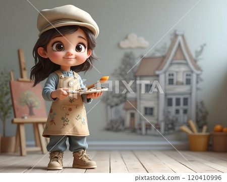 Young artist stands proudly with paint and palette in a cozy studio surrounded by artistic creations 120410996