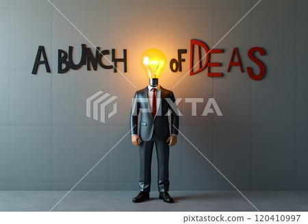 Businessman with light bulb head symbolizes creativity and innovation in idea generation at a brainstorming session 120410997