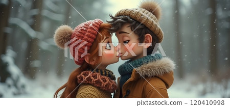 Couple shares a sweet kiss in a snowy forest during winter Couple shares a sweet kiss in a snowy forest during winter 120410998