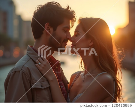 Couple shares a romantic moment by the water during sunset in an urban setting 120410999