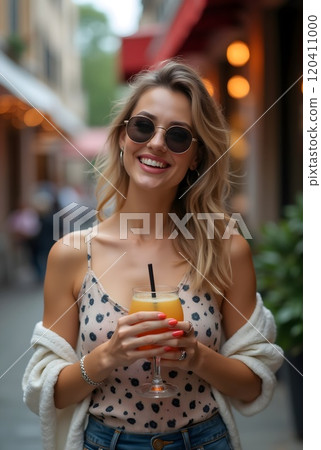 Smiling woman enjoys a refreshing drink while walking down a vibrant street in an outdoor cafe setting during the afternoon 120411000