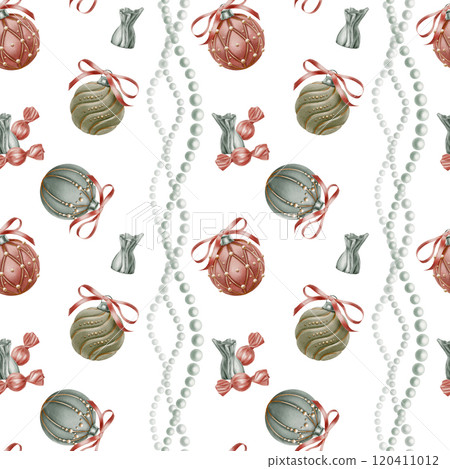 Christmas seamless pattern with vertical waves of pearl beads,Christmas tree balls in velvet with ribbons bows and caramel and chocolate candies.Hand-drawn illustrations on white for wrapping Christmas seamless pattern with vertical waves of pearl beads,Christmas tree balls in velvet with ribbons bows and caramel and chocolate candies.Hand-drawn illustrations on white for wrapping 120411012