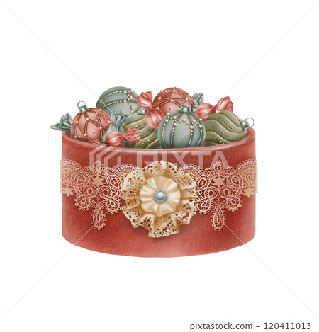 Vintage style round hat box with lid covered in red velvet with beige lace ribbon and lace bow brooch with Christmas tree balls and sweets in it.Watercolor illustration isolated on white background Vintage style round hat box with lid covered in red velvet with beige lace ribbon and lace bow brooch with Christmas tree balls and sweets in it.Watercolor illustration isolated on white background 120411013
