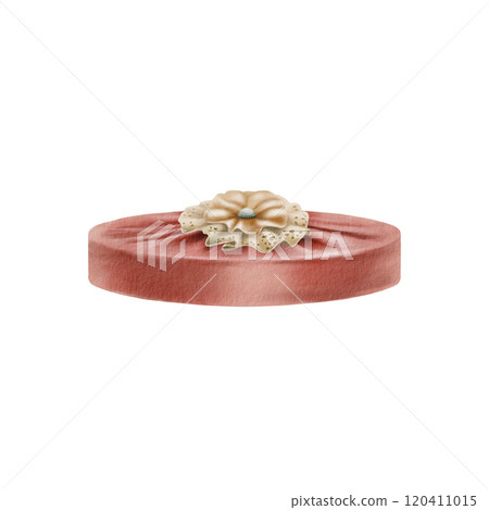 Vintage style round lid from hat box covered in red velvet decorated with lace bow broochfor.As a symbol of gifts,of Christmas,birthday and holiday.Watercolor illustration isolated on white background 120411015