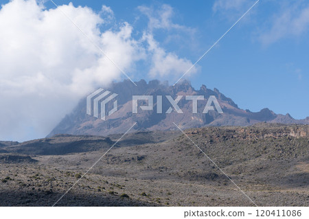 Mawenzi peak seen during climb of Mount Kilimanjaro in Tanzania 120411086