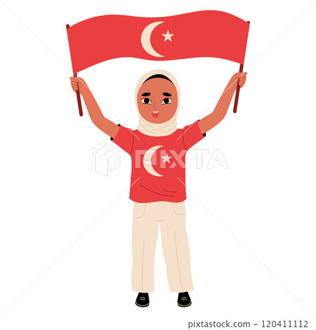 Cute little Muslim kid holding Turkish flag. Turkish Children's Day 120411112