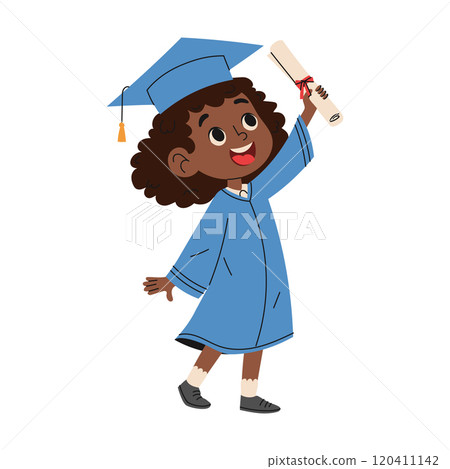 Happy kid in graduation costume holding diploma. Education concept. Hand drawn style 120411142