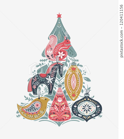 Vector Christmas composition with hand drawn holiday elements, snowflakes. Scandinavian folk ornament. 120411156