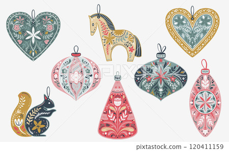 Vector set of Christmas tree decorations with folklore Scandinavian ornament. 120411159