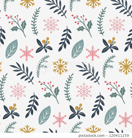 Vector Christmas seamless pattern with hand drawn winter plants,, snowflakes. Vector endless background of new year symbols in modern graphic style Vector Christmas seamless pattern with hand drawn winter plants,, snowflakes. Vector endless background of new year symbols in modern graphic style 120411259