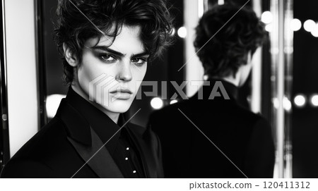 Stylish Young Man in Black Suit with Mirror Reflection 120411312