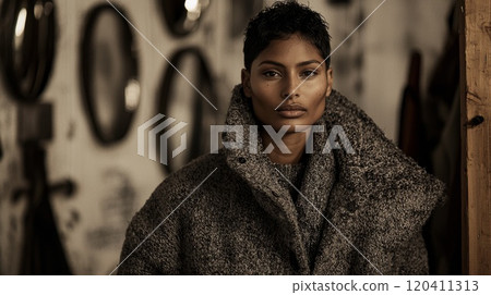 Moody Portrait of Woman in Oversized Stylish Coat with Short Hair in Urban Setting 120411313
