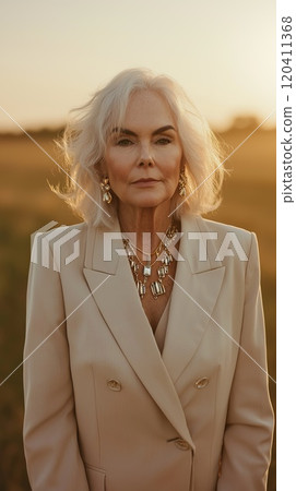 Elegant Senior Woman in Sunlit Field 120411368