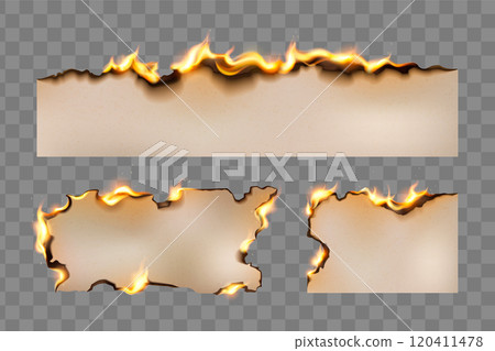 Burning paper sheets with glowing fire flames. 120411478