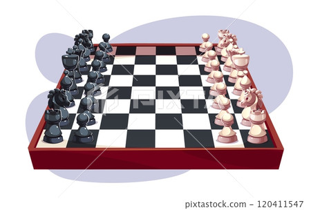 Chess board with pieces on checkered surface 120411547