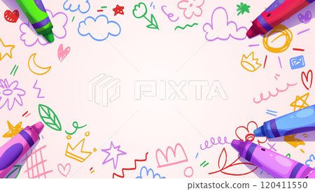 Playful kindergarten border with crayon doodles Playful kindergarten border with crayon doodles 120411550