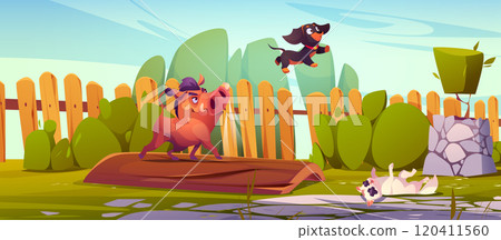 Evil cartoon warthog throws dachshund dog 120411560