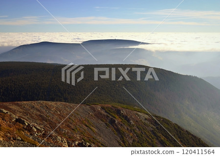 Snezka, the highest mountain of Czech Republic, Giant Mountains - Krkonose National Park, Czech Republic and Poland - Europe. Snezka, the highest mountain of Czech Republic, Giant Mountains - Krkonose National Park, Czech Republic and Poland - Europe. 120411564