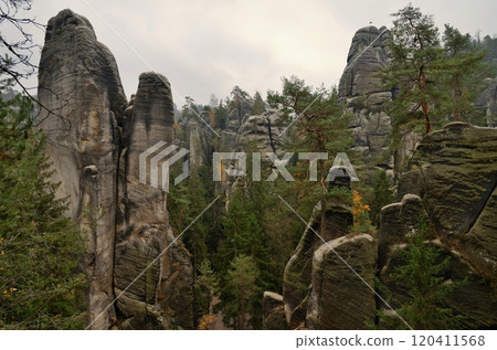 Adrspach - rock town. Nature park - Czech Republic. Sandstone big stones and rocks in the forest. Autumn landscape. 120411568