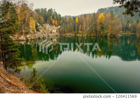 Adrspach - rock town. Nature park - Czech Republic. Sandstone big stones and rocks in the forest. Autumn landscape. 120411569