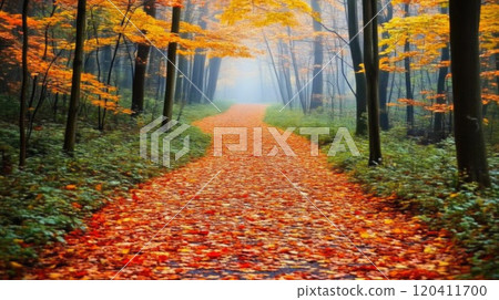 Peaceful Walk in a Misty Autumn Forest 120411700