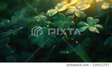 Vibrant Four-Leaf Clovers with Sparkling Dew 120411757