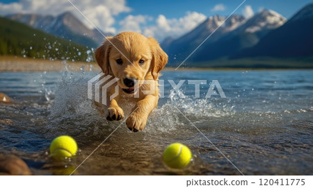 Active Golden Retriever Puppy Chasing Tennis Balls in Water 120411775