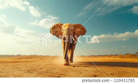 Powerful Elephant Moving Through Vast African Landscape 120411785
