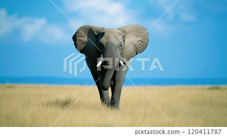 Wild African Elephant Approaching the Camera Outdoors 120411787