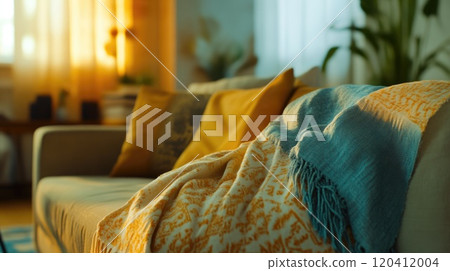 Cozy lounge space with elegant sofa and soft throw cover 120412004