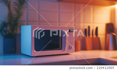Compact microwave placed on elegant kitchen surface Compact microwave placed on elegant kitchen surface 120412005