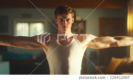Humorous Pose of a Young Man Flexing Muscles 120412007
