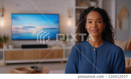 Friendly Woman Presenting in Stylish Home Interior 120412037