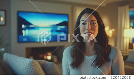 Relaxed Living Room Scene with Woman Speaking to Camera 120412038