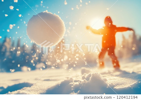Child Tossing Snowball in Bright Snowy Scene Child Tossing Snowball in Bright Snowy Scene 120412194