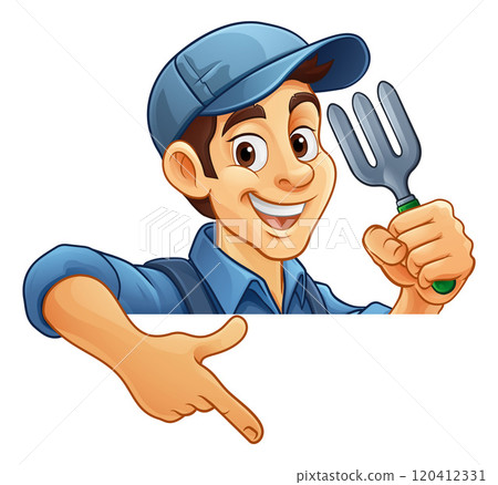 Gardener Garden Fork Cartoon Handyman Man Mascot Gardener Garden Fork Cartoon Handyman Man Mascot 120412331