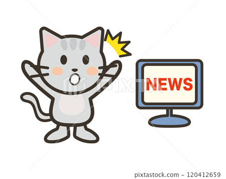 Illustration of a cute cat surprised by the TV news 120412659